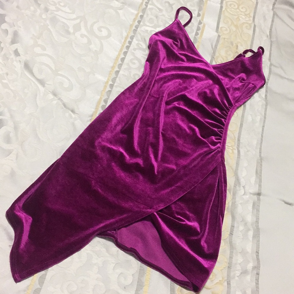 Pink velvet assymetric mini dress